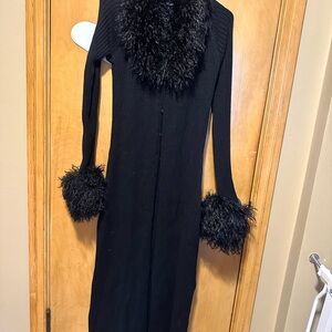 Fashion Nova Black Feather-Trim Long Sleeve Ribbed Dress